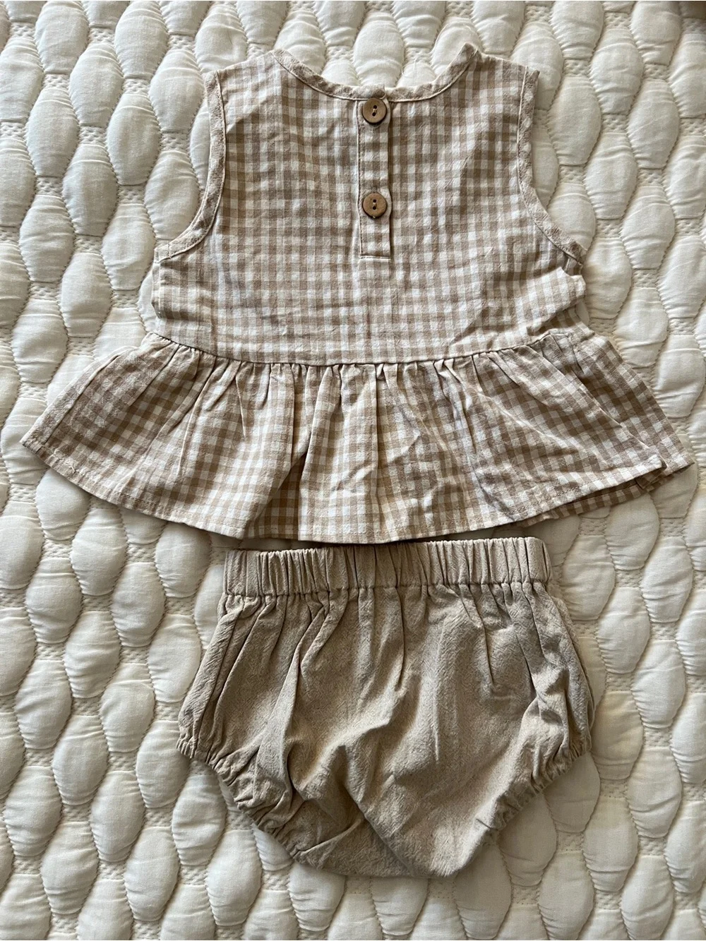 Mebie Baby Oatmeal Gingham Linen Peplum Bloomer Set 6-12M